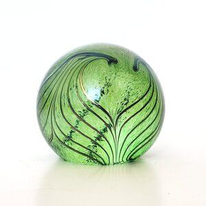 Iridescent Green Glass Orb Paperweight With Pulled Feather Design